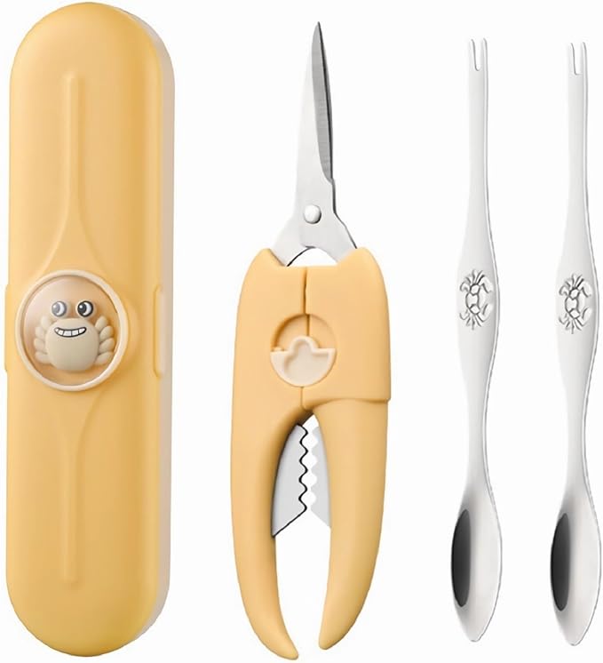 ACCUFINE Crab Crackers and Tools Yellow in Case Set for Party Crab Scissors for Cutting the Shell Lobster Crackers and Picks Sets with Carrying Case Seafood Scissor Shrimp (yellow)