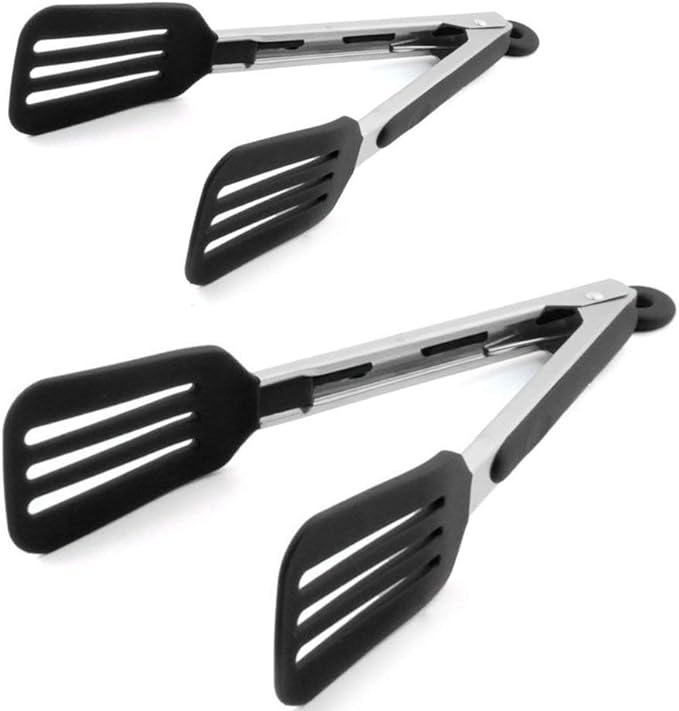 2 Pack Stainless Steel Silicone Cooking & Serving Tongs, 7 & 9 Inch, Black, Locking Handle, Heat Resistant, Dishwasher Safe
