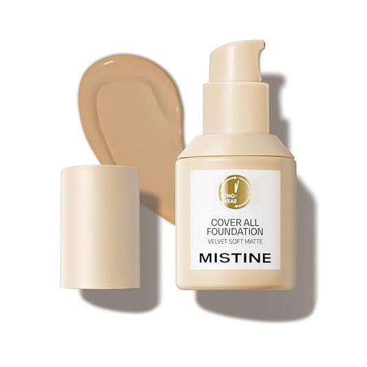 MISTINE Full Coverage Foundation Makeup for Oily Skin,24 Hour Oil Control Liquid Foundation,Skin-Caring,Moisturizing Formula,Cream Foundation,Matte Finish,Creamy Beige,1 Fl Oz-BrightBean Baby