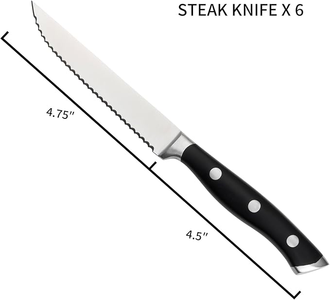 Alata 6-Piece Steak Knives Set, 4.7 Inch with Serrated Edge Razor-Sharp Dinner Knives, Full-Tang Construction, Dishwasher Safe