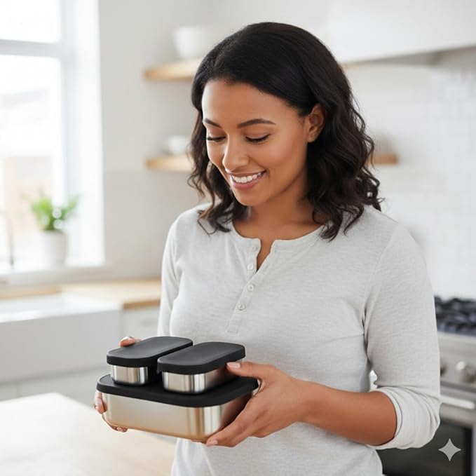 Leak proof Stainless Steel Lunch Box containers | Stainless Steel bento box | Sandwich ,snacks Food Storage with divider compartment| Meal prep| Snack |Metal lunch box| Korean Lunch Box| Black -Small