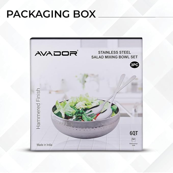 Avador® Set of 3 Premium Stainless Steel Salad Mixing Bowl Hammered Finish | Handmade | Includes Salad Serving Utensils (Stainless Steel)