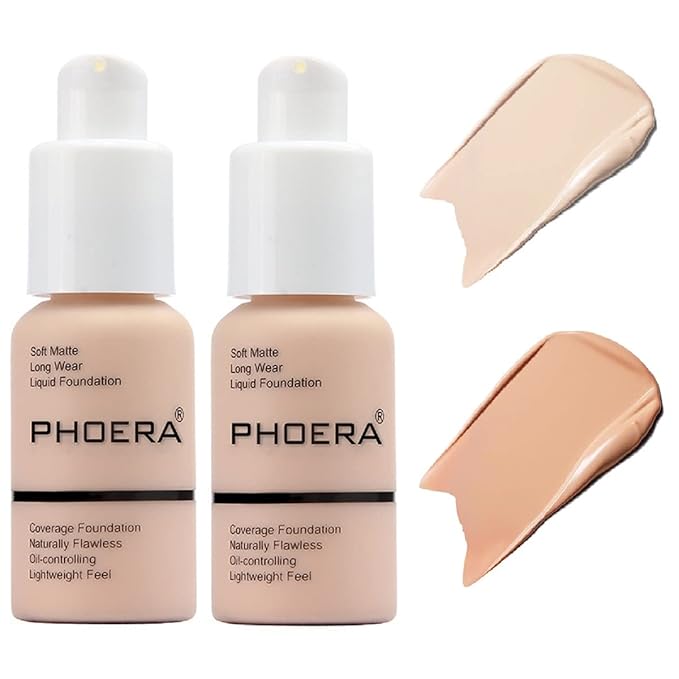 2 Pack PHOERA Foundation,Flawless Soft Matte Liquid Foundation 24 HR Oil Control Concealer Foundation Makeup,Full Coverage Foundation for Women and Girls(((101 Porcelain+103 Warm Peach)-BrightBean Baby