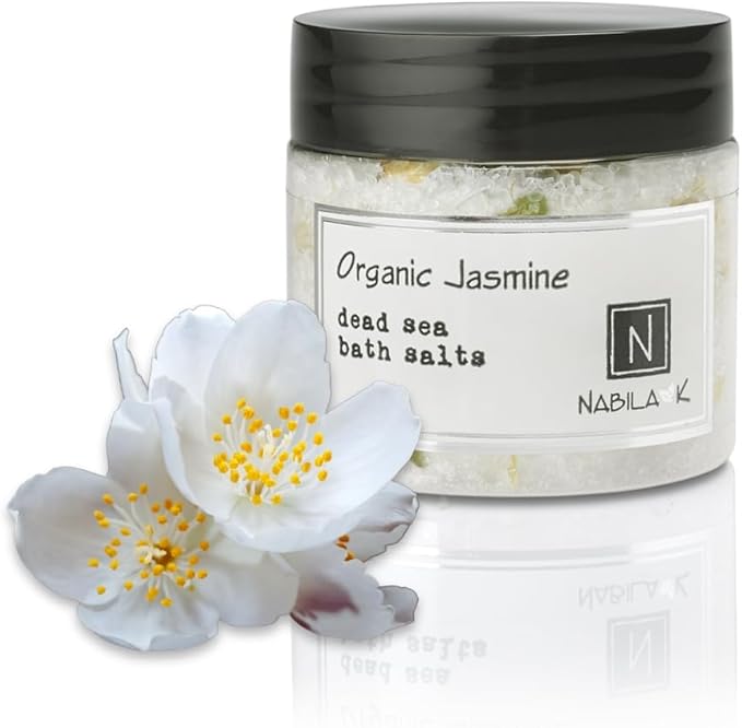 Organic Jasmine Bath Salts by Nabila K - Dead Sea Salt & Epsom Salt Scrub & Soak - Exfoliates & Hydrates Skin, Botanical Essential Oils - Bubble Bath Accessories for All Skins Types, 2 oz-BrightBean Baby