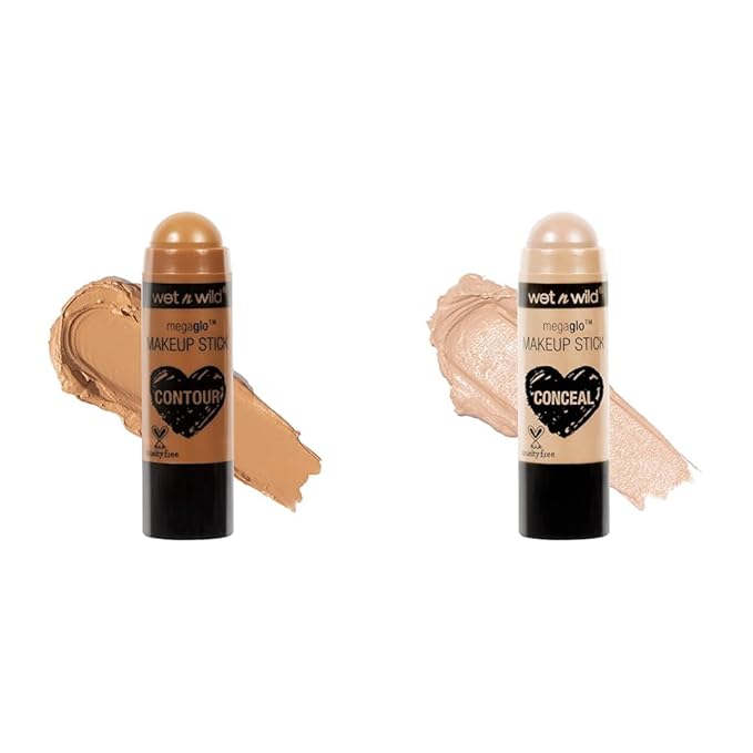 wet n wild MegaGlo Makeup Stick Conceal Contour Brown Oak's On You 1.1oz & Nude For Thought Versatile Cheek Color-BrightBean Baby