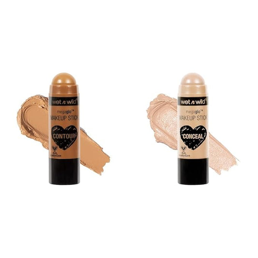 wet n wild MegaGlo Makeup Stick Conceal Contour Brown Oak's On You 1.1oz & Nude For Thought Versatile Cheek Color-BrightBean Baby