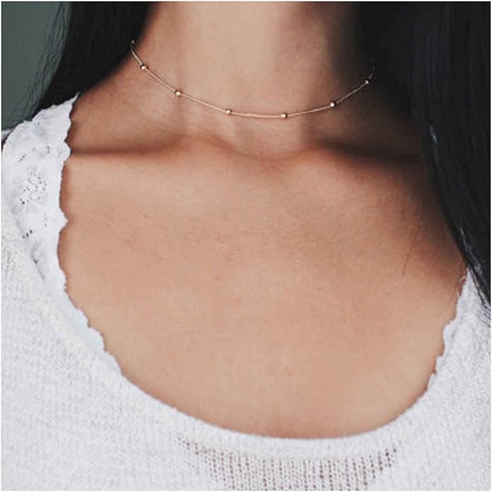 Boho Thin Beaded Choker Necklace Gold Station Ball Necklace Short Satellite Chain Necklace Everyday Minimalist Necklace Jewelry for Women and Girls-BrightBean Baby