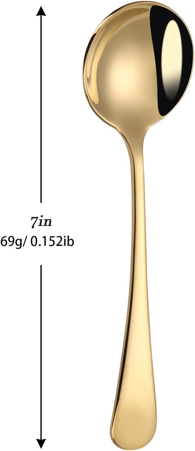 7" Round Soup Spoons Set of 4,18/10 Stainless Steel Heavy Duty with Deep Bowl,Fine Mirror Polished,Dishwasher Safe(Gold)