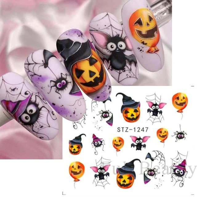 12 Sheets Halloween Nail Art Sticker Decals Horror Water Transfer Nails Foils Pumpkin Ghost Skull Spider Blood Evil Eye Halloween Design Nail Art Decoration Nail Slider Decal for Women DIY Nail Supply-BrightBean Baby