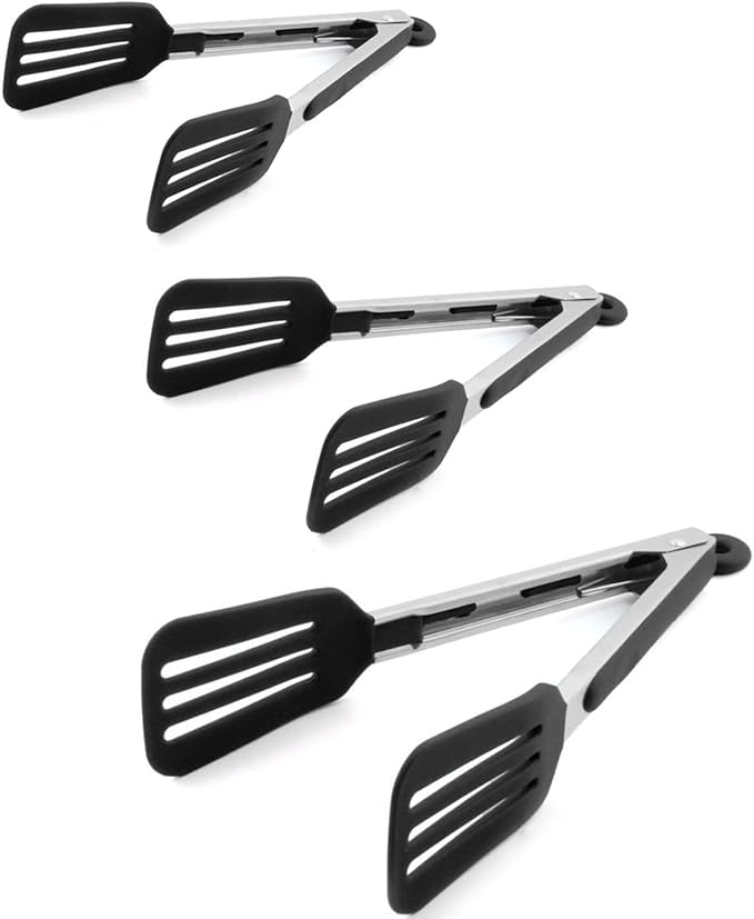 3-Piece Stainless Steel & Silicone Cooking Tongs Set - Black (7", "9", "12 inches) - Heat Resistant, Non-Stick, Locking Handle, Dishwasher Safe