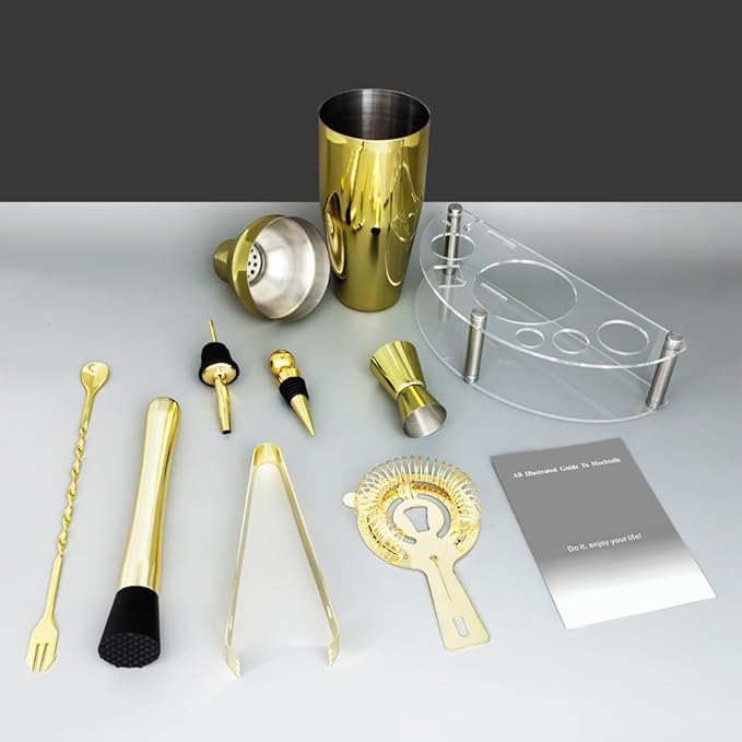 Cocktail Shaker Set with Stand, Cocktail Shaker Bartender Kit: Bar Tool Set, Drink Mixing Includes Martini Shaker,Strainer,Jigger,Bar Mixer Spoon,Muddler, Pourer, Bottle Stopper (Gold)