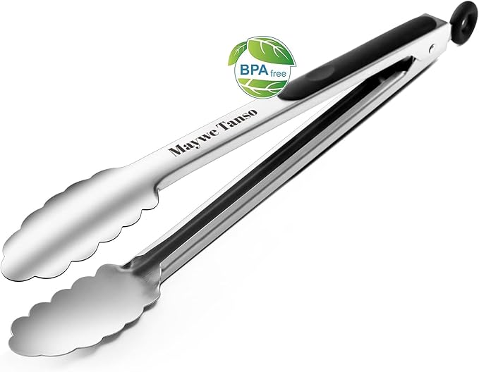 Kitchen Tongs for Cooking,Maywe Tanso 12-Inch Stainless Steel Locking Cooking Tongs Food Tongs for Cooking,Grilling,Salad and Serving Food | Heavy Duty,Non-Stick,Black