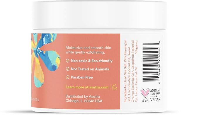 ASUTRA Dead Sea Salt Essential Oil Body Scrub Exfoliator (Vitamin C), 16 oz - Ultra Hydrating, Gentle, & Moisturizing - Coconut, Sweet Orange, Grapefruit, and Lemon Oils – Pink Himalayan Salt-BrightBean Baby