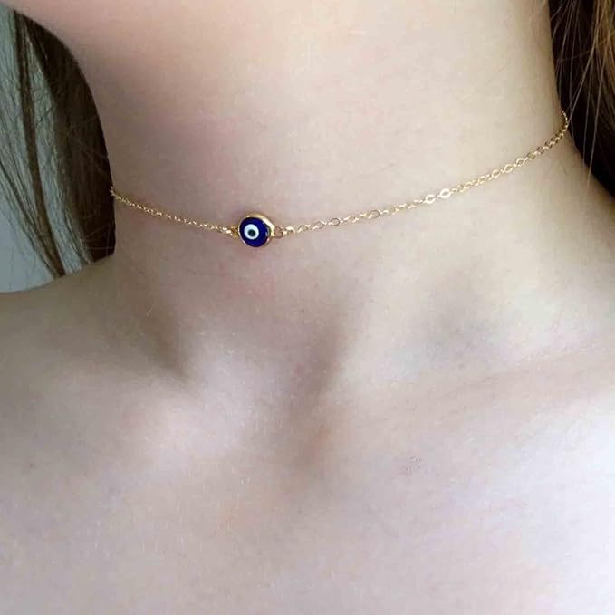 Boho Evil Eye Choker Necklace Blue Eye Pendant Necklace Minimal Gold Chain Necklace Lucky Eye Necklace Amulet Chain Jewelry for Women and Girls-BrightBean Baby