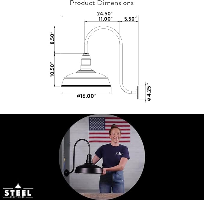 Steel Lighting Co. Gardena Barn Light | Outdoor Wall Mounted | 16" Dome | 16" Gooseneck | Farmhouse Light Made in America | Modern Gray Exterior/Brass Interior