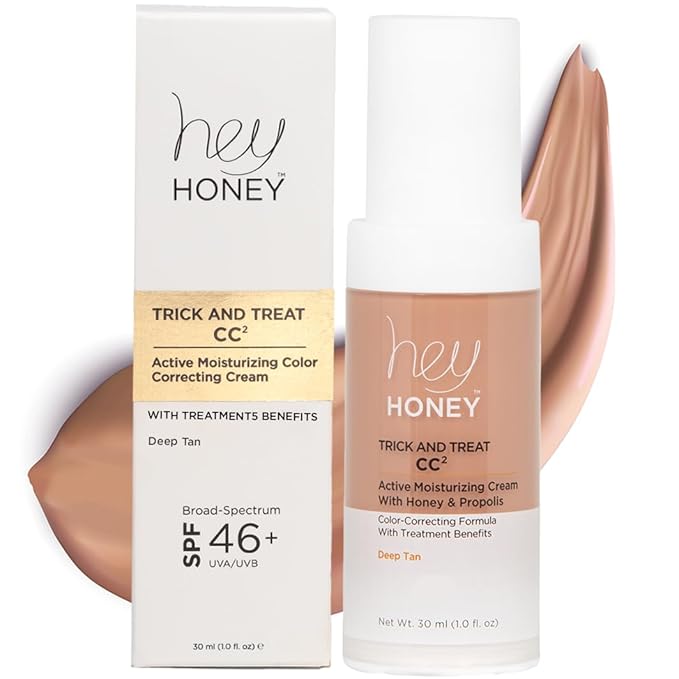 Hey Honey Trick and Treat CC² Cream SPF 46 | Active Moisturizing Color Correcting Cream with Honey & Propolis | Best Cover For Rosacea, Skin Redness & Mature Skin | Cruelty-Free | 1 oz (Deep Tan)-BrightBean Baby