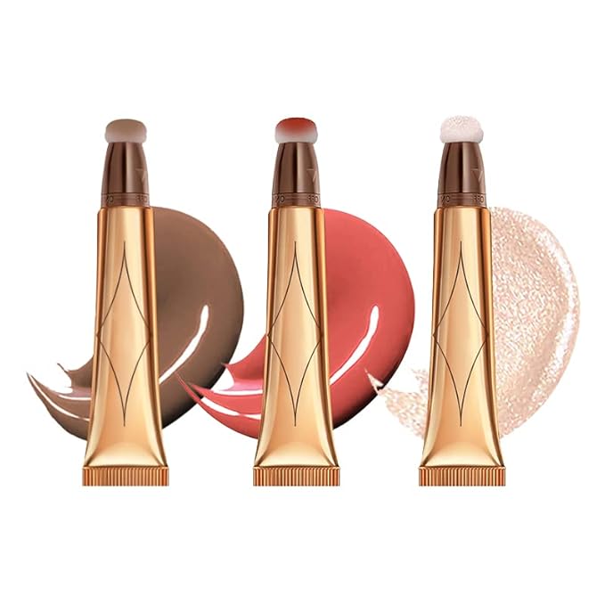 3 Color Contour Beauty Wand, Highlighter ，Blush，Face Concealer Contouring With Cushion Applicator Long Lasting & Smooth Matte Finish Liquid Illuminator Makeup Stick .01 Contour+03 Cherry Red+04 Pear White-BrightBean Baby