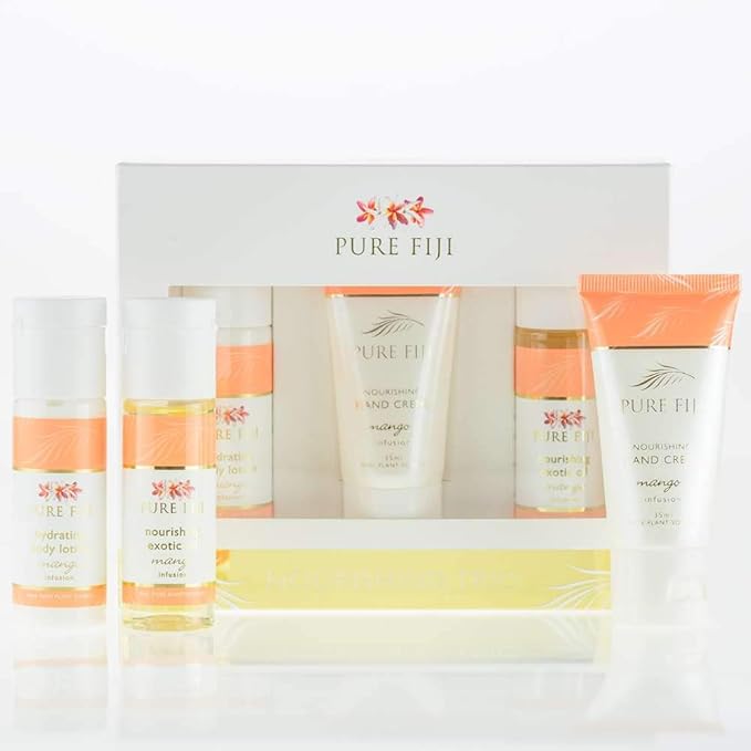 Pure Fiji Nourishing Trio, Ideal Spa Bath Gift Set for Women - Travel Kit - Includes Exotic Body Oil , Hydrating Body Lotion For Women and Nourishing Hand Cream, Mango Scent-BrightBean Baby