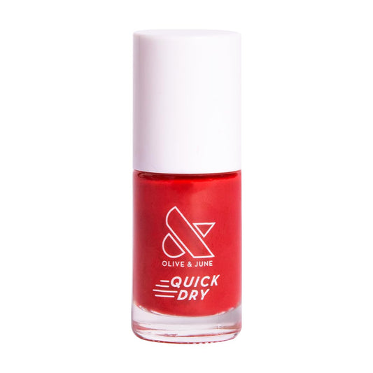 Olive & June Quick Dry Nail Polish | Instant, Fast-Drying, Smudgeproof Color | 15-free, Vegan, Cruelty-Free Formula | Lasts up to 5 Days | Salon-Quality Manicure, Pedicure at Home | Smooch Scarlet Red-BrightBean Baby