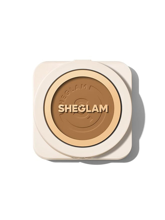 SHEGLAM SKin-Focus Full Coverage Powder Foundation Oil-Control Lightweight Face Pressed Powder Makeup-Caramel-BrightBean Baby
