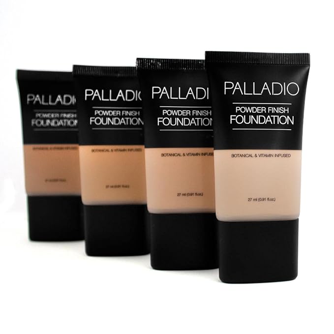 Palladio Powder Finish Liquid Foundation, Natural Matte Appearance, Reduces Fine Lines, Covers Large Pores, Hides Imperfections, All Day Wear, Sheer to Medium Coverage, In the Buff-BrightBean Baby