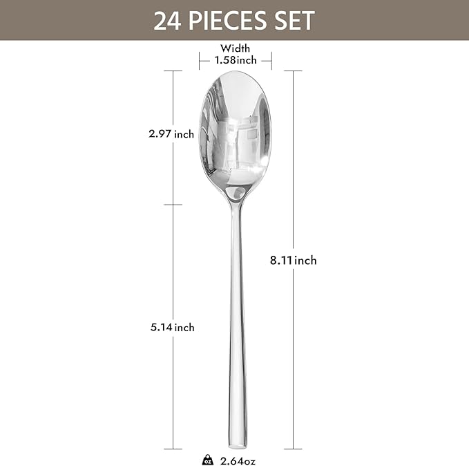 KINGSTONE Dinner Spoon Set, 24-Piece Tablespoons Silverware Spoons, Premium Food Grade Stainless Steel Spoons, Mirror Finish & Dishwasher Safe, Use for Kitchen, Home, Wedding, Party