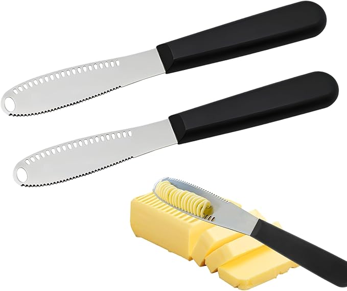 2 Pcs Butter Knife Spreader with Holes, 3 in 1 butter knife, butter curler knife, Butter Grater with Ergonomic Handle, stainless steel butter spreader for Butter, Cheese, Jam