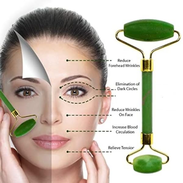 Green Jade Roller & Gua Sha Set, Face Roller Manual Massager,Green Jade Applicator for Face, Neck,Body Muscle,Relaxing, Stimulating Blood Flow, Relieve Fine Lines, Wrinkles,Green-BrightBean Baby