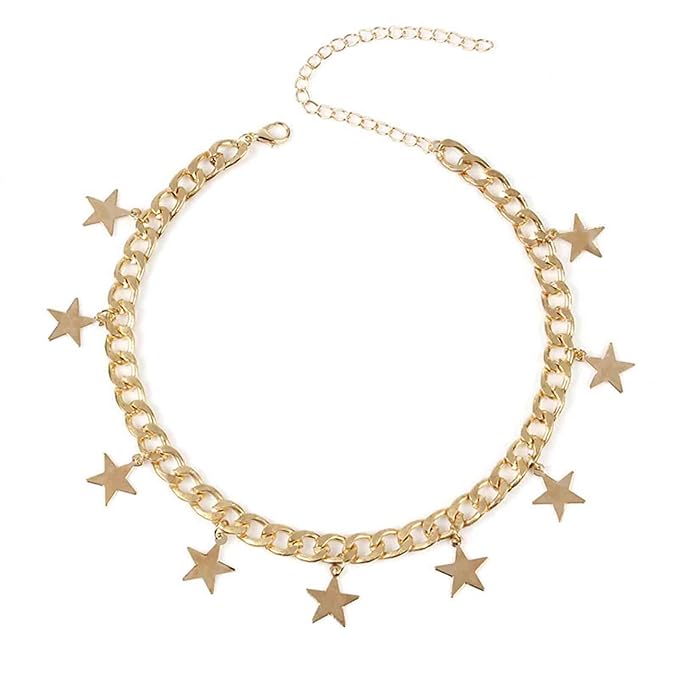 Boho Star Dangle Choker Necklace Gold Chunky Curb Chain Necklace Punk Thick Chain Choker Necklace Minimal Short Chain Necklace Jewelry for Women and Girls-BrightBean Baby