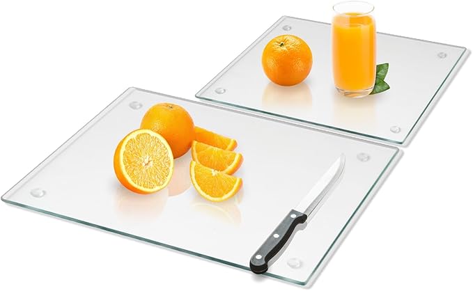 Tempered Glass Cutting Board for Kitchen, Clear Glass Board for Countertop, Heat Resistant, with Non-Slip Feet, 12x16" & 12x8" 2 Pcs Clear