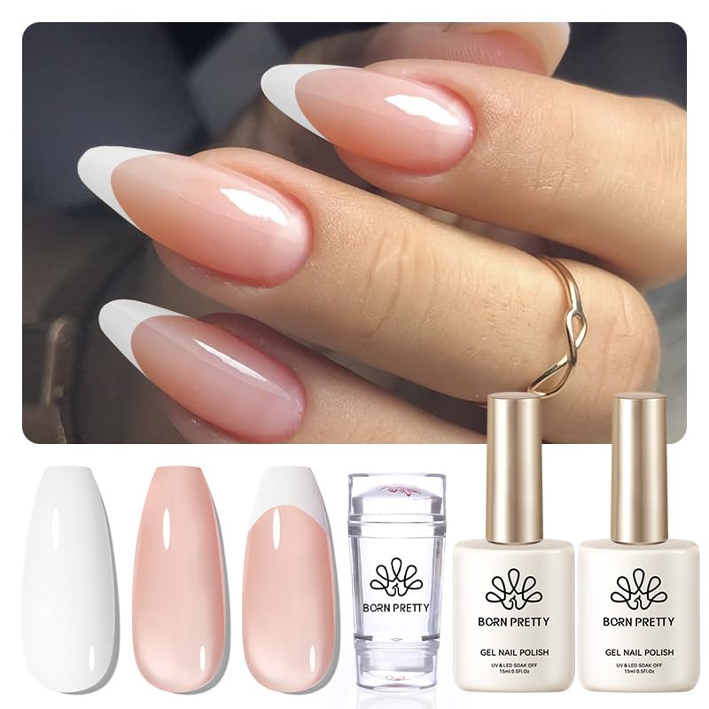 Born Pretty French Manicure Kit, Nail Stamper and 2Pcs Gel Nail Polish, Include Jelly Nude White Colors for French Tip DIY Salon, U V Light Cure-BrightBean Baby