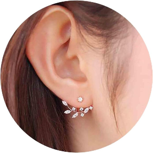 Boho Crystal Leaf Ear Jackets Earrings Gold Cz Crystal Earrings Rhinestone Front Back Studs Earrings Minimalist Earrings Jewelry for Women and Girls Gifts-BrightBean Baby
