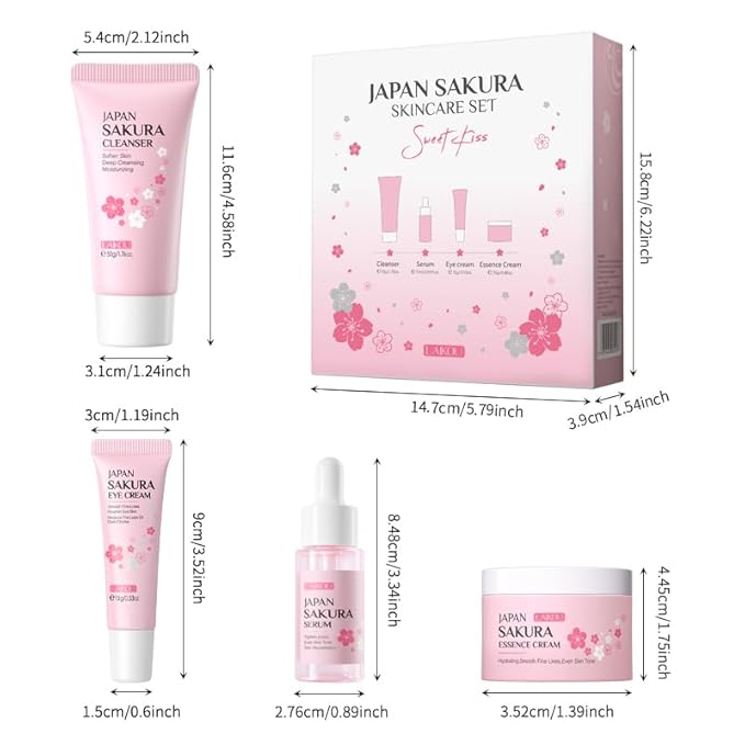 Skin Care Set JAPAN SAKURA Beauty Gift Sets Skin Care Kit with Cleanser, Serum, Eye Cream, Face Cream Travel Kit for Women Mom Wife Teen Girls Gentle Skin Cleaning TSA-friendly Sizes 4pcs-BrightBean Baby