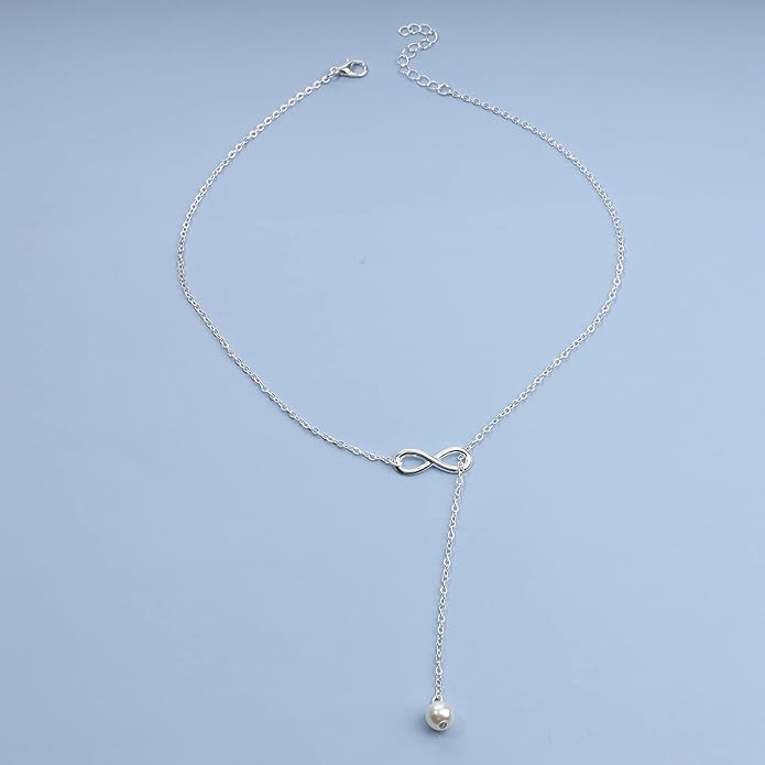 Boho Pearl Infinity Necklace Silver Y Pearl Necklace Minimalist Chain Y Lariat Necklace Chain Jewelry for Women and Girls-BrightBean Baby