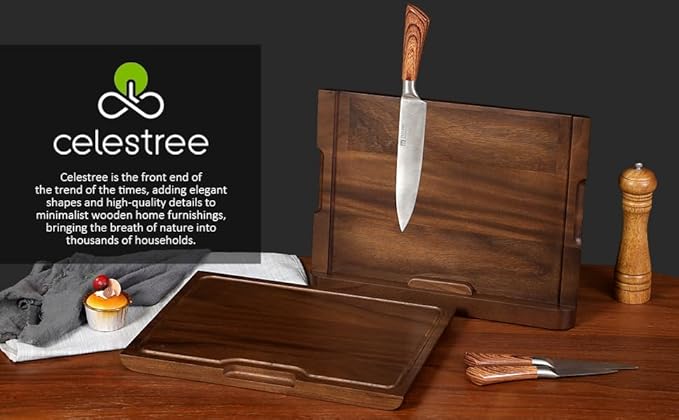 2 - in - 1 Magnetic Knife Block Holder with 16"x11" Cutting Board, Crafted from Premium Natural Rain Wood, Exquisitely Made with Elegant Design, Ideal for Efficient Kitchen Knife Storage