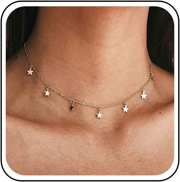 Boho Star Choker Necklace Gold Star Dangle Necklace Chain Short Minimalist Necklace Gold Collarbone Necklace Jewelry for Women Gifts-BrightBean Baby