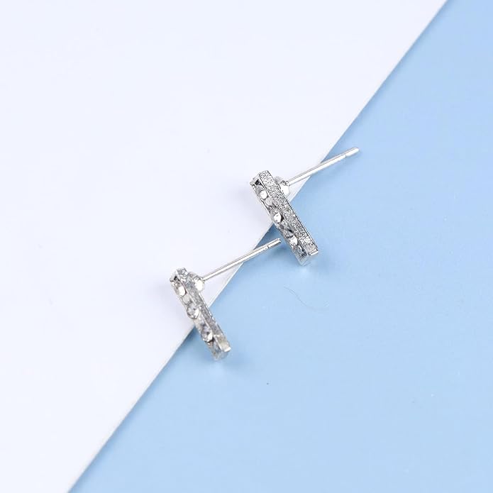 Geometric Crystal Bar Earrings Silver Cz Bar Stick Earrings Cz Rhinestone Bar Stud Earrings Silver Minimalist Earrings Jewelry for Women and Girls-BrightBean Baby