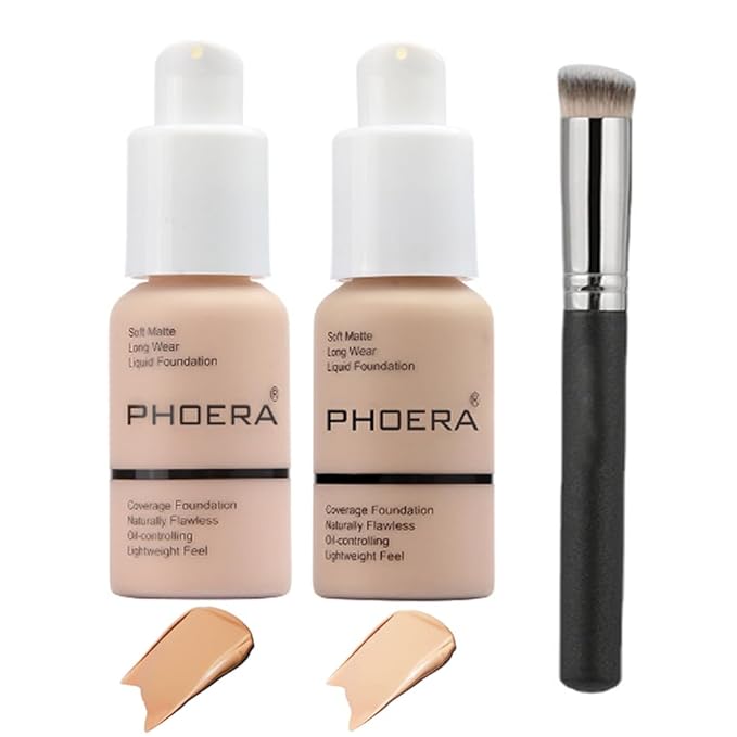 2 Pcs Phoera Foundation Makeup 102 and 104 Liquid Full Coverage 24HR Matte Oil Control Foundation Makeup Concealer (Nude & Buff Beige) with Kabuki Foundation Brush Flat Top-BrightBean Baby