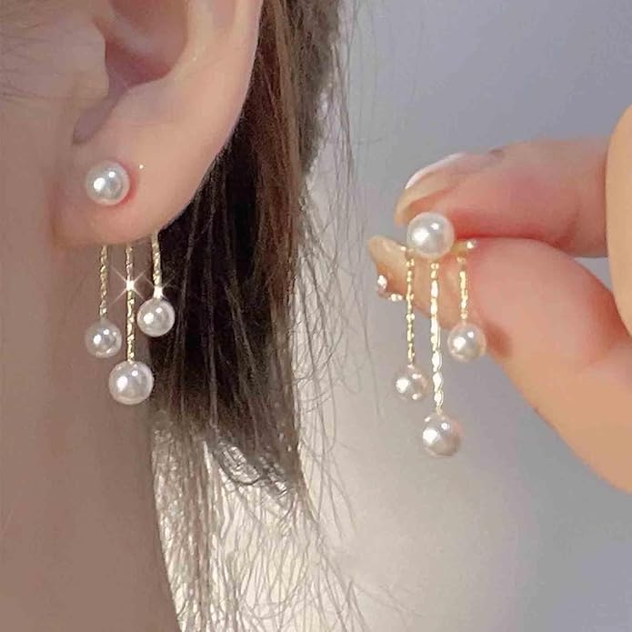 Boho Pearl Drop Dangle Earrings Gold Pearl Ear Jacket Earrings Vintage Dangle Pearl Tassel Earrings Double Way Front Back Earrings Jewelry for Women Gifts-BrightBean Baby