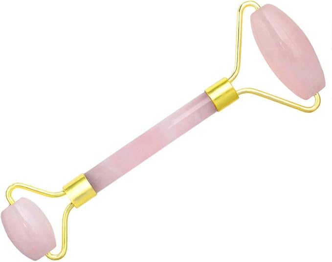 Rockcloud Natural Crystal Stone Roller Massager Double Neck Face & Neck Massage Therapy Anti-Aging Wrinkle Healing Slimming Skincare Tool,Rose Quartz-BrightBean Baby