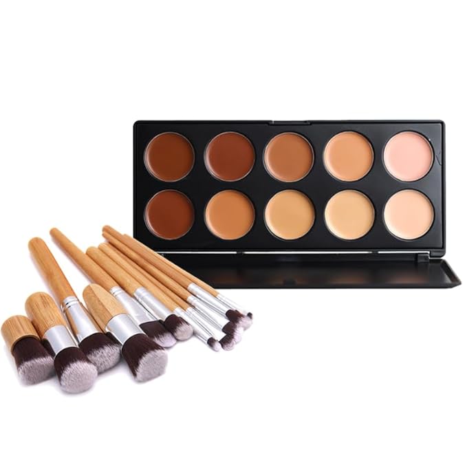 10 Shade Creamy Concealer Kit with Makeup Brush Set, 3 In 1 Professional Cream Concealer, Contour, Foundation, Color Corrector for Diminishes Appearance Dark Circles & Softens Fine Lines-BrightBean Baby