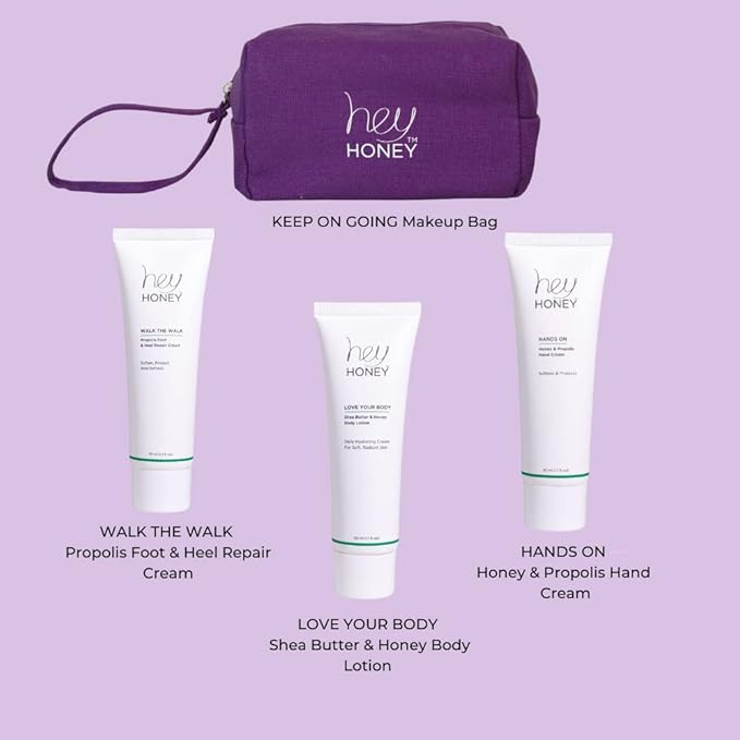 Hey Honey 4pc Set: Love Your Body Lotion, Walk The Walk Foot Cream, Hands On Honey Hand Cream, Eco Makeup Bag. Perfect for Valentine's, Xmas, Birthdays-BrightBean Baby