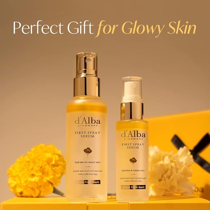 d'Alba Travel Essencial Gift Set, White Truffle First Spray Serum Full Size & Travel Size with Yellow Pouch, Korean Skin Care-BrightBean Baby