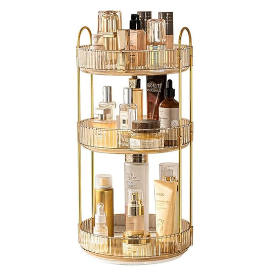 360 Rotating Makeup Organizer - High-Capacity Skincare & Cosmetics Organizer for Vanity, Bathroom or Dresser (3 Tiers, Amber)-BrightBean Baby