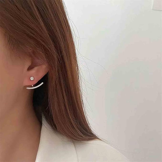 Crystal Bar Ear Climber Earrings Silver Rhinestone Ear Jacket Earrings Boho Bar Ear Crawlers Earrings Minimalist Geometric Moon Earrings Jewelry for Women and Girls-BrightBean Baby