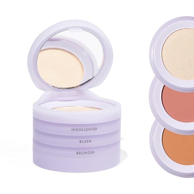 Subtl Beauty 3-in-1 travel makeup kit by subtl staks | powder blush, bronzer, and highlighter | includes mirror lid and mini brush | for medium-tan skin tones-BrightBean Baby