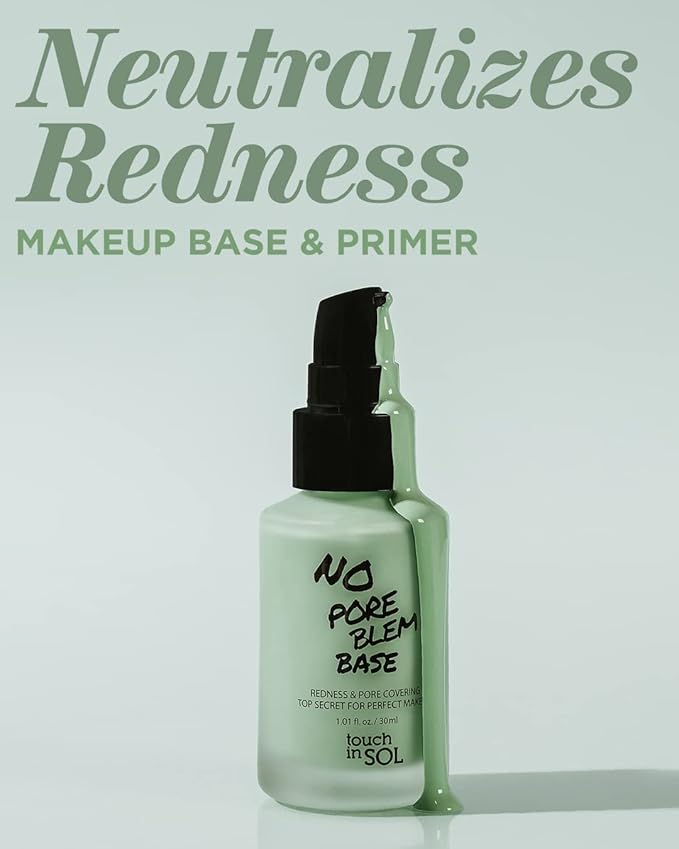 TOUCH IN SOL Redness Correcting Base Primer 1.01 fl.oz. - Pore Minimizing Green Toned Makeup Base - Tone Neutralizing before Foundation - Minimize Rosacea, Redness - No Pore Blem Primer Base-BrightBean Baby