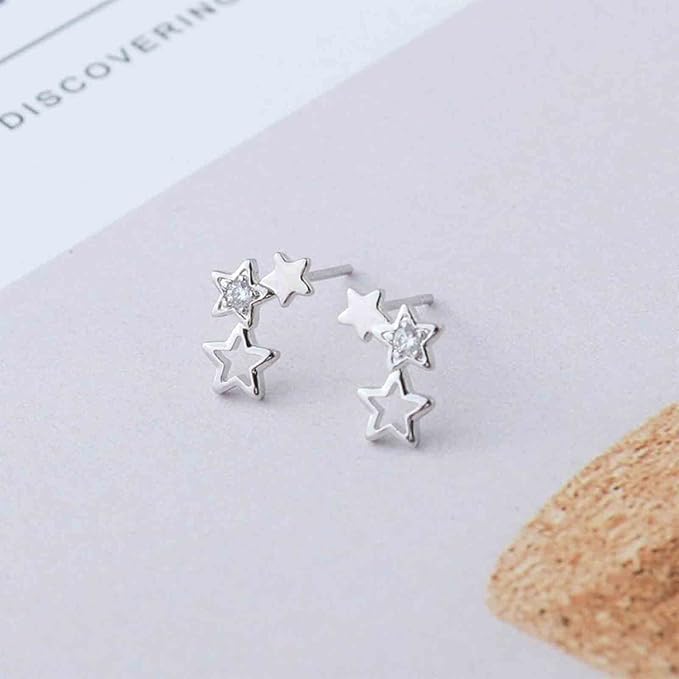 Boho Rhinestone Star Ear Climber Earrings Silver Cluster Star Earrings Minimal Crawler Earrings Vintage Studs Earrings Jewelry for Women and Girls-BrightBean Baby