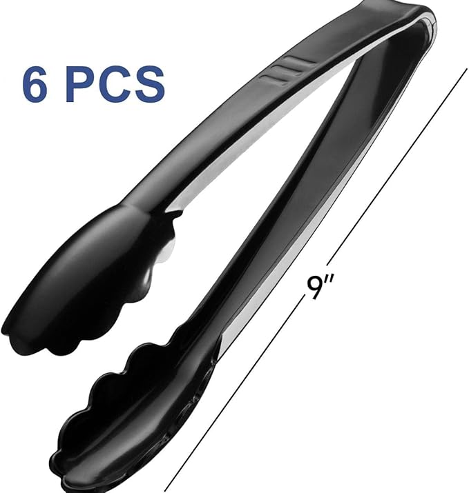 Plastic Tongs for Serving (Pack of 6) 9 Inch - Heavy-Duty Hard Plastic Reusable or Disposable Serving Tongs for Catering, Dinner Parties, Banquets, Buffets, Events, Weddings and Everyday Use, Black