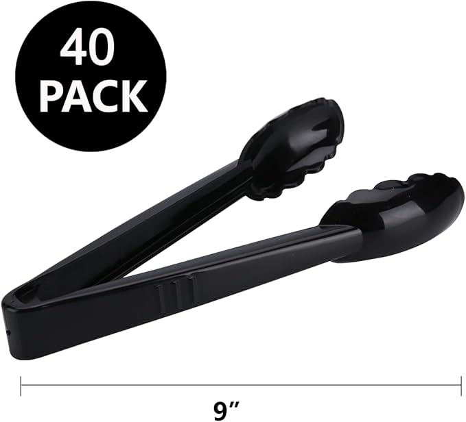 40 Pieces Plastic Salad Tongs, Black Kitchen Serving Tongs, 9 Inch Disposable Utensils Set, Heavy Duty Scalloped, Perfect for Buffets and BBQ, Food Safe Material